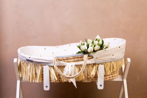 Childhome Kosz mojżesza Boho z materacykiem + Pokrowiec Jersey Gold dots