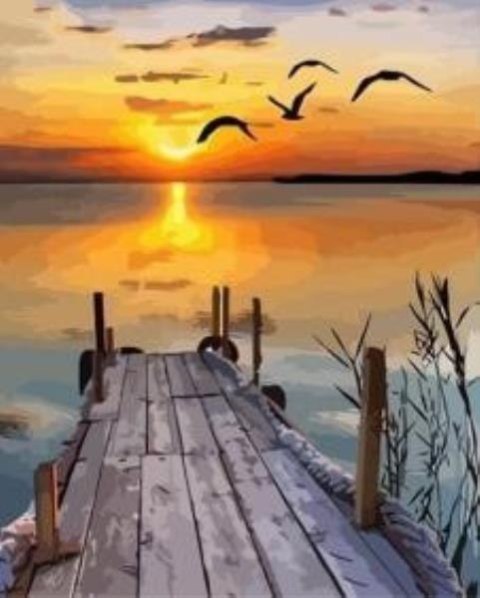 Malowanie po numerach Jezioro / pomost o zachodzie słońca 40 x 50 5603