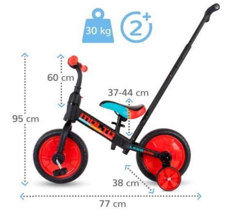 Rowerek biegowy z pedałami i popychaczem 3w1 Molto Leggero czerwony