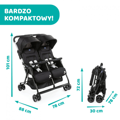 OHLALA TWIN CHICCO Podwójny, lekki wózek spacerowy 8kg - BLACK NIGHT
