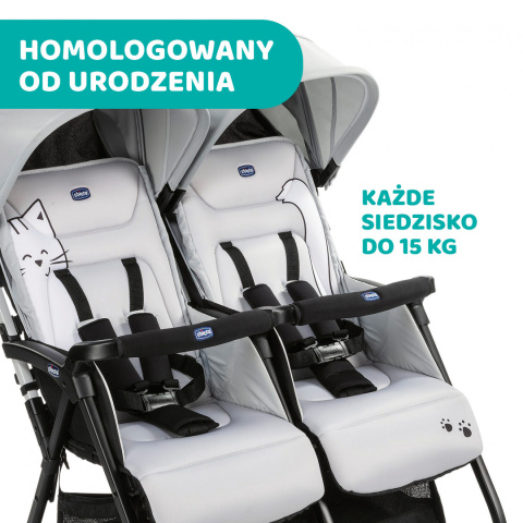 OHLALA TWIN CHICCO Podwójny, lekki wózek spacerowy 8kg - SILVER CAT