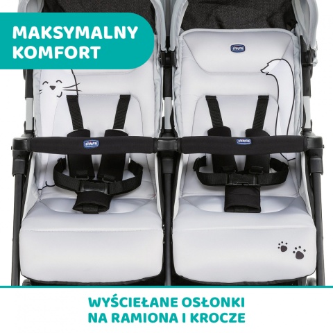 OHLALA TWIN CHICCO Podwójny, lekki wózek spacerowy 8kg - SILVER CAT