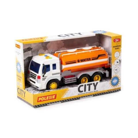 Polesie 89816 "City" samochód - beczkowóz inercyjny pomarańczowy ze światlem i dźwiekirem w pudelku