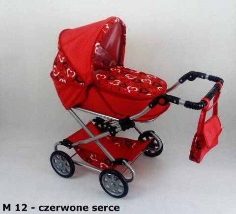 Wózek dla lalek głęboko-spacerowy MONIKA M21 czarno-białe kropki z czerwoną lamówką