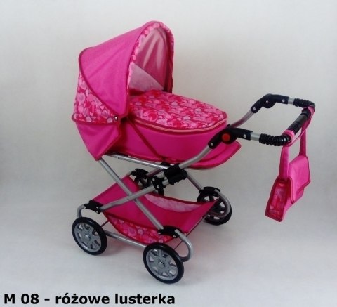 Wózek dla lalek głęboko-spacerowy MONIKA M21 czarno-białe kropki z czerwoną lamówką