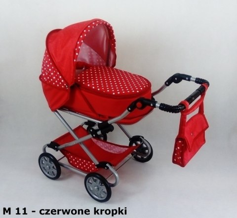 Wózek dla lalek głęboko-spacerowy MONIKA M21 czarno-białe kropki z czerwoną lamówką
