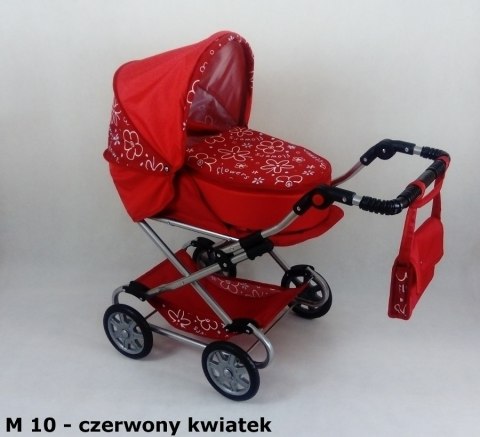 Wózek dla lalek głęboko-spacerowy MONIKA M21 czarno-białe kropki z czerwoną lamówką