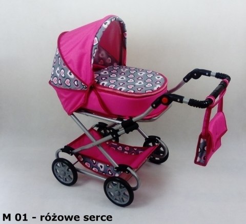 Wózek dla lalek głęboko-spacerowy MONIKA M21 czarno-białe kropki z czerwoną lamówką