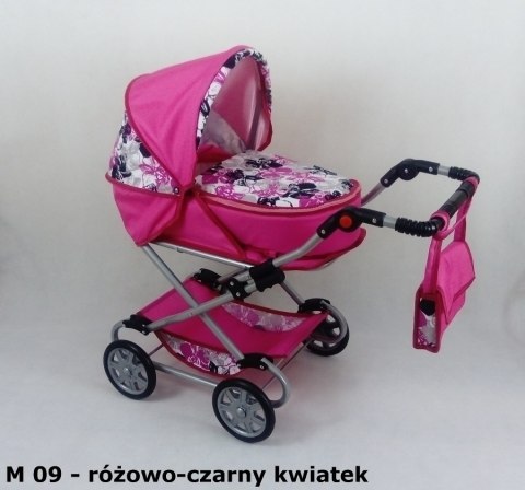 Wózek dla lalek głęboko-spacerowy MONIKA M21 czarno-białe kropki z czerwoną lamówką