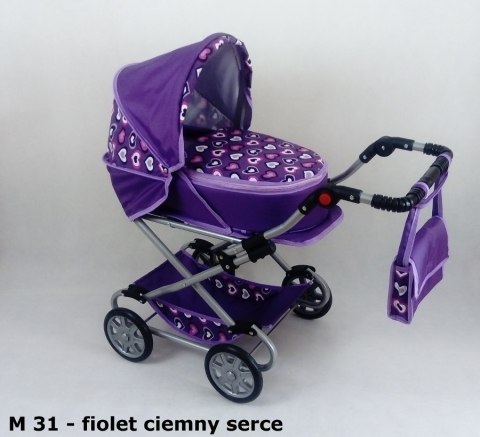 Wózek dla lalek głęboko-spacerowy MONIKA M21 czarno-białe kropki z czerwoną lamówką