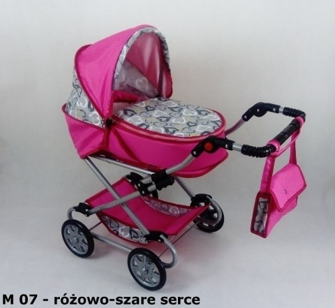 Wózek dla lalek głęboko-spacerowy MONIKA M21 czarno-białe kropki z czerwoną lamówką