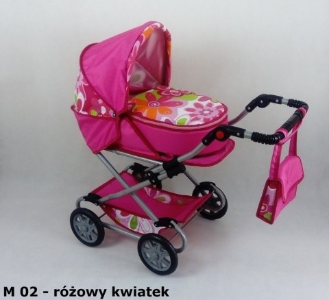 Wózek dla lalek głęboko-spacerowy MONIKA M21 czarno-białe kropki z czerwoną lamówką