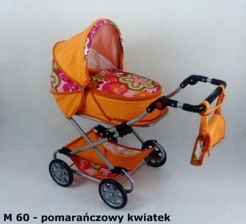 Wózek dla lalek głęboko-spacerowy MONIKA M21 czarno-białe kropki z czerwoną lamówką