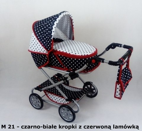 Wózek dla lalek głęboko-spacerowy MONIKA M21 czarno-białe kropki z czerwoną lamówką