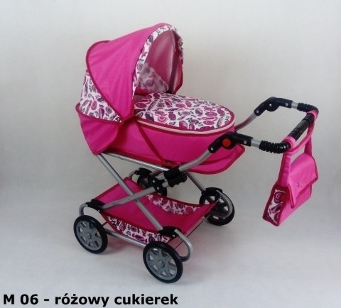 Wózek dla lalek głęboko-spacerowy MONIKA M21 czarno-białe kropki z czerwoną lamówką