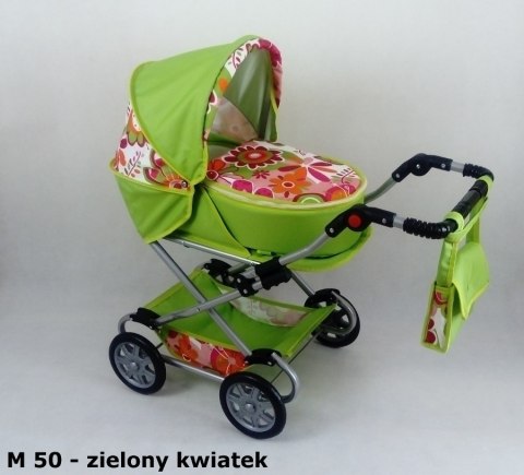 Wózek dla lalek głęboko-spacerowy MONIKA M21 czarno-białe kropki z czerwoną lamówką