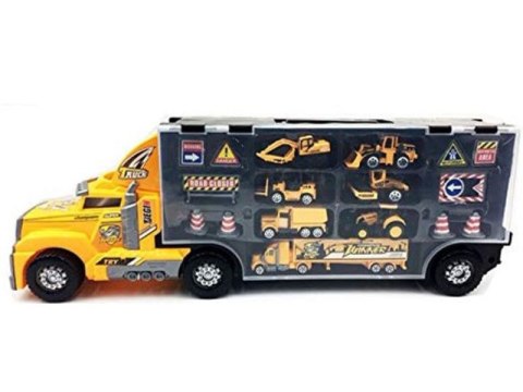 Ciężarówka, Transporter + Auta, Otwierana Laweta, Pojazdy Budowlane 8w1, Światło, Dźwięk