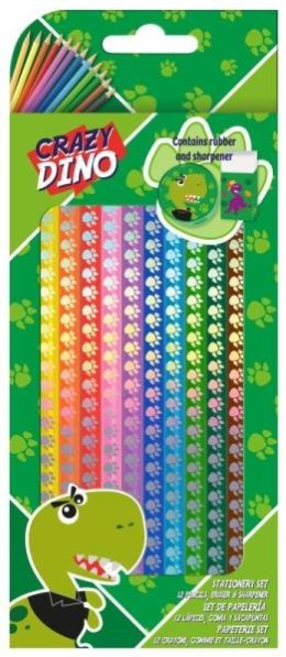 Kredki 12 kolorów z temperówką i gumką Crazy Dino KL11121