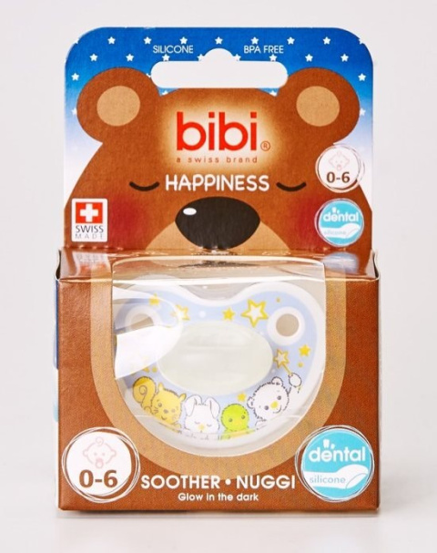 Bibi GLOW IN THE DARK Happiness Smoczek Ortodontyczny Silikonowy 112921 0m+ , 112922 6m+ , 112923 16m+