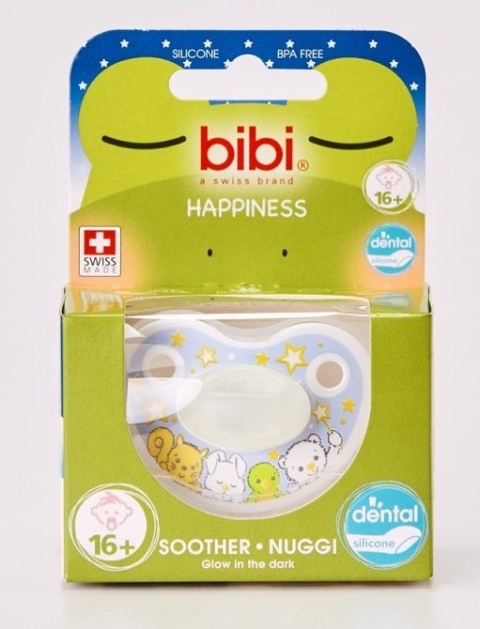 Bibi GLOW IN THE DARK Happiness Smoczek Ortodontyczny Silikonowy 112921 0m+ , 112922 6m+ , 112923 16m+