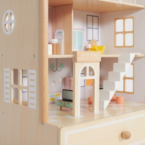 CLASSIC WORLD Duży Drewniany Domek dla Lalek 2 Figurki NATURALNE DREWNO 28 el.