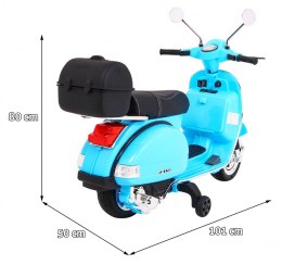 Skuter Vespa elektryczny dla dzieci Niebieski + Kółka pomocnicze + Audio + Ekoskóra + EVA + Wolny Start