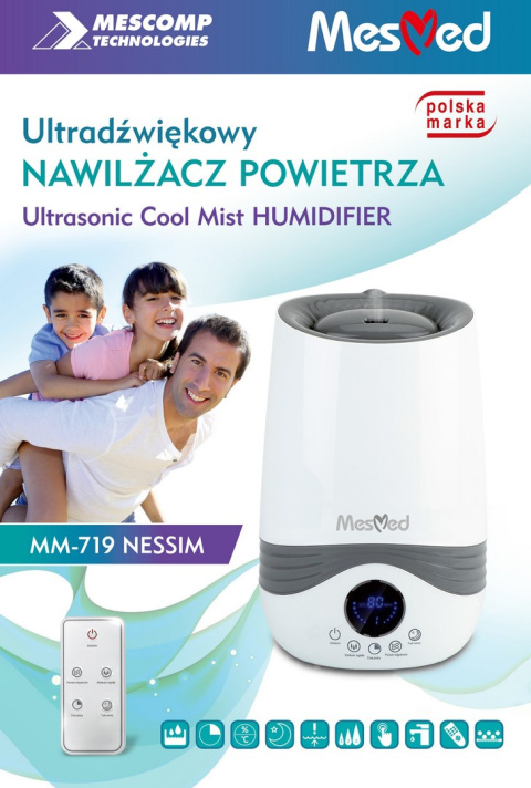 MesMed nawilżacz powietrza MM-719 Nessim z higrometrem i termometrem, sterowany pilotem