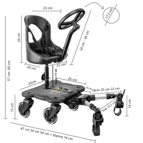 COZY 4 RIDER Dostawka z siedziskiem mocowana do wózka, max 25 kg + poduszka / wkładka Czarno-Złoty