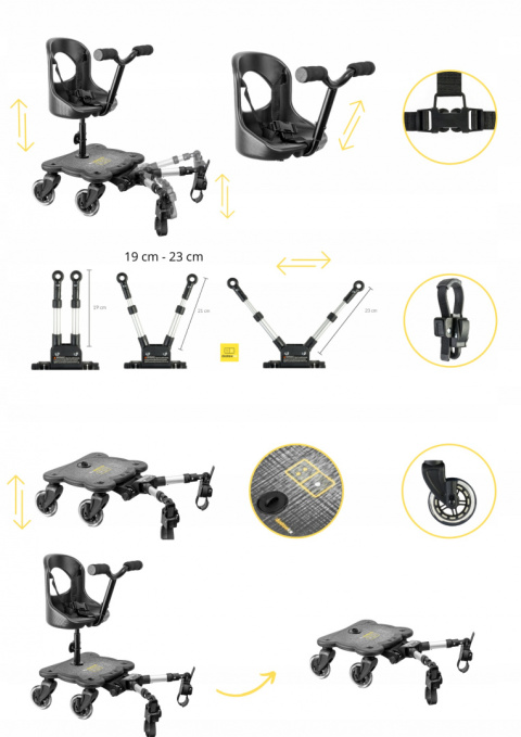 COZY 4S RIDER Dostawka z siedziskiem mocowana do wózka, max 25 kg + poduszka / wkładka Czarno-Złota