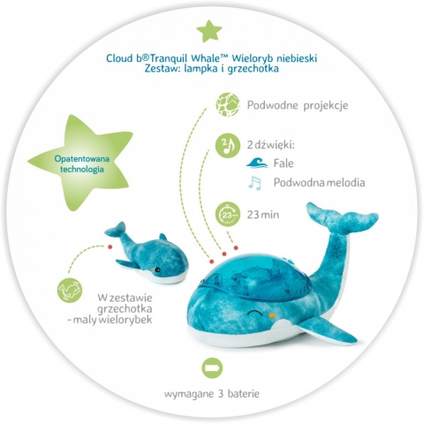 Cloud b®Tranquil Whale™ Zestaw: lampka i grzechotka - Wieloryb niebieski