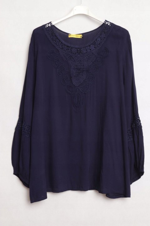 BLUZKA hafty BOHO zwiewna GRANATOWA 52/54