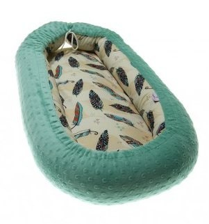 SuperMami Kojec MINKY bawełna dla noworodka " Baby nest " - piórko krem/turkus