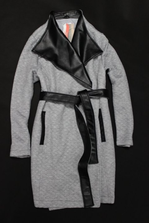 PŁASZCZ szary melanż wstawki skóra 46/48