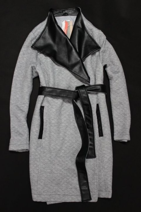 PŁASZCZ szary melanż wstawki skóra 46/48