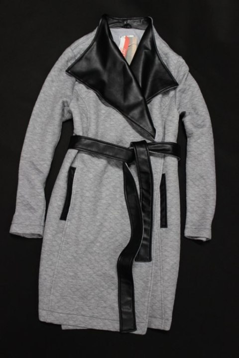 PŁASZCZ szary melanż wstawki skóra 48/50