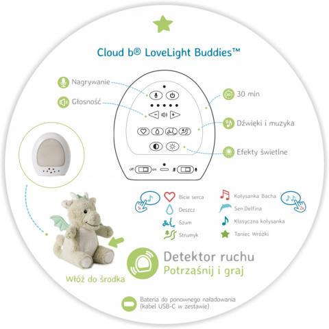 Cloud b® Love Light Buddies Drake the Dragon™ - Szumiący Smok z czujnikiem ruchu i pozytywką