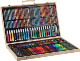 Zestaw artystyczny w drewnianej walizce 180 elementów : kredki, pastele, flamastry, markery, farby, klej ...