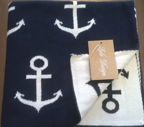 Lula Design Bawełniany kocyk niemowlęcy 80 cm x 100 cm KLD-126 KOTWICE GRANATOWE