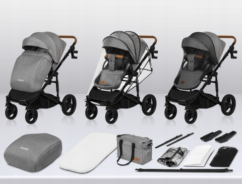 MARI TOUR Lionelo wózek wielofunkcyjny 3w1 z fotelikiem 0-13 kg terenowe koła offroad - Grey Stone