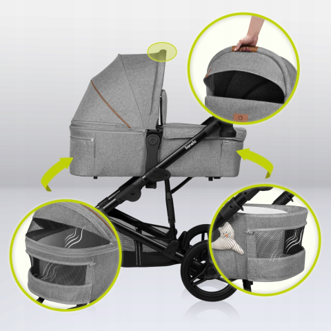 MARI TOUR Lionelo wózek wielofunkcyjny 3w1 z fotelikiem 0-13 kg terenowe koła offroad - Grey Stone