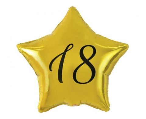Balon foliowy "18" gwiazda złota, nadruk czarny, 19" Godan