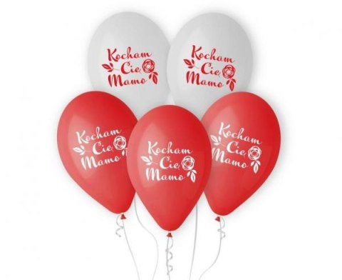 Balony "Kocham Cię Mamo" 5szt 12"/30cm - białe, czerwone Godan