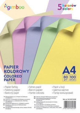 Papier kolorowy A4, 100 arkuszy, 80gsm, 5 kolorów pastelowych Gimboo