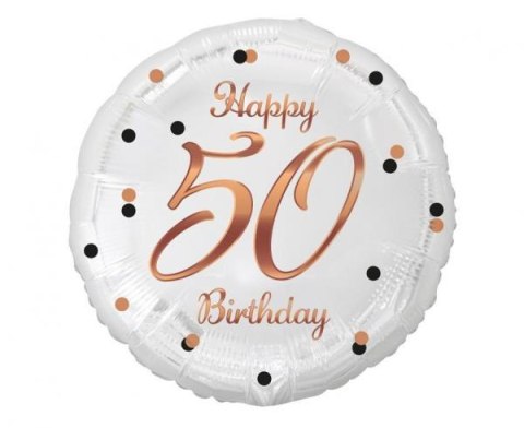 Balon foliowy B&C Happy 50 Birthday biały, nadruk różowo-złoty 18" Godan