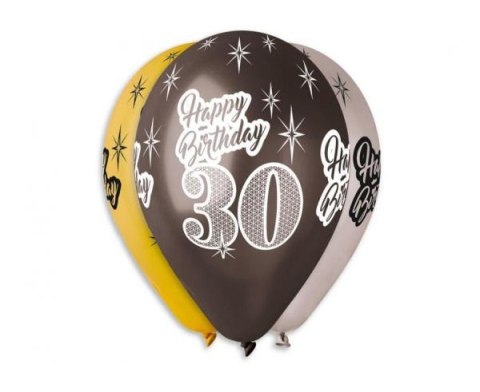 Balony premium "Happy Birthday 30", metaliczne, 12" / 6 szt. GoDan