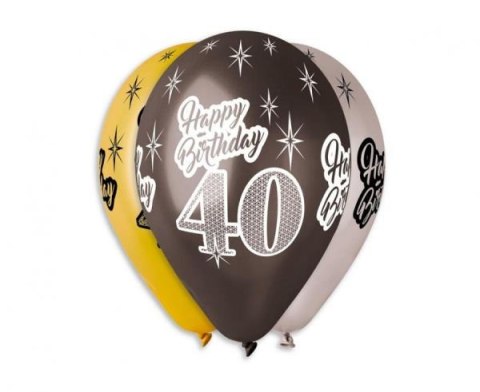 Balony premium "Happy Birthday 40", metaliczne, 12" / 6 szt. GoDan