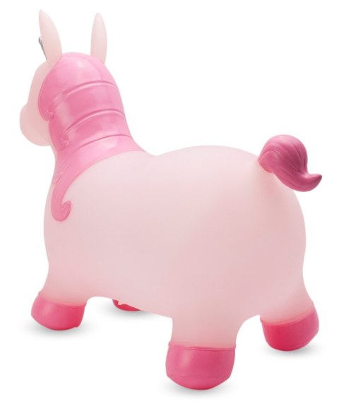 Skoczek gumowy dla dzieci KELLY 60 cm różowy pudrowy z brokatowym rogiem do skakania z pompką