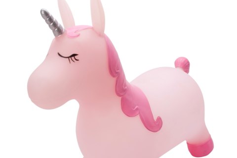 Skoczek gumowy dla dzieci KELLY 60 cm różowy pudrowy z brokatowym rogiem do skakania z pompką