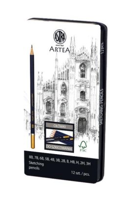 Zestaw ołówków do szkicowania Artea mix 12 sztuk metalowym pudełku Astra