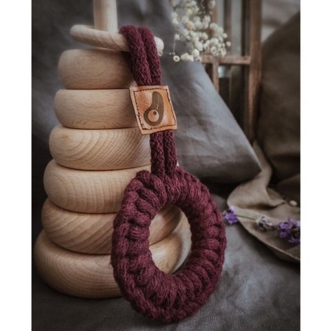 Hi Little One - gryzak sznurkowy 2w1 2 Rings Teether wood and cotton Dark Wine